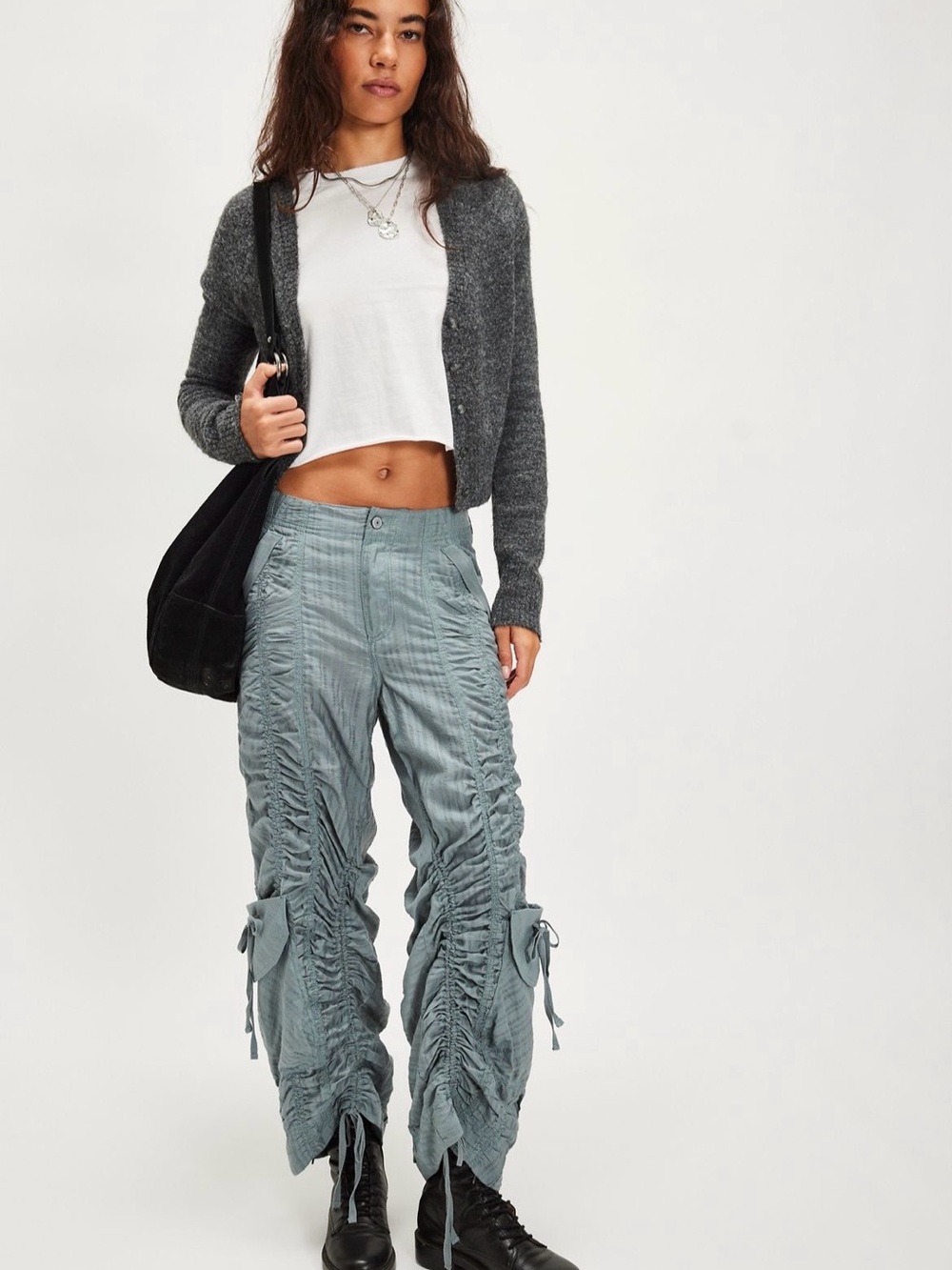 Free People We the Free Steel Sea Ruched Scorpio shirred Wide-Leg Cargo Pants